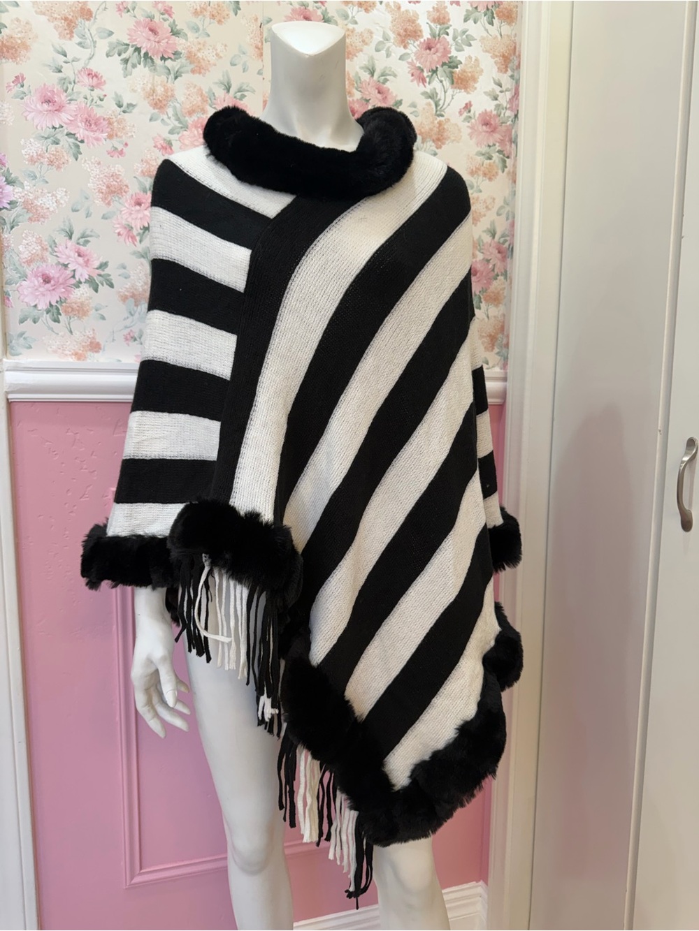 American Vintage Black & White Striped Poncho with Faux Fur Trim